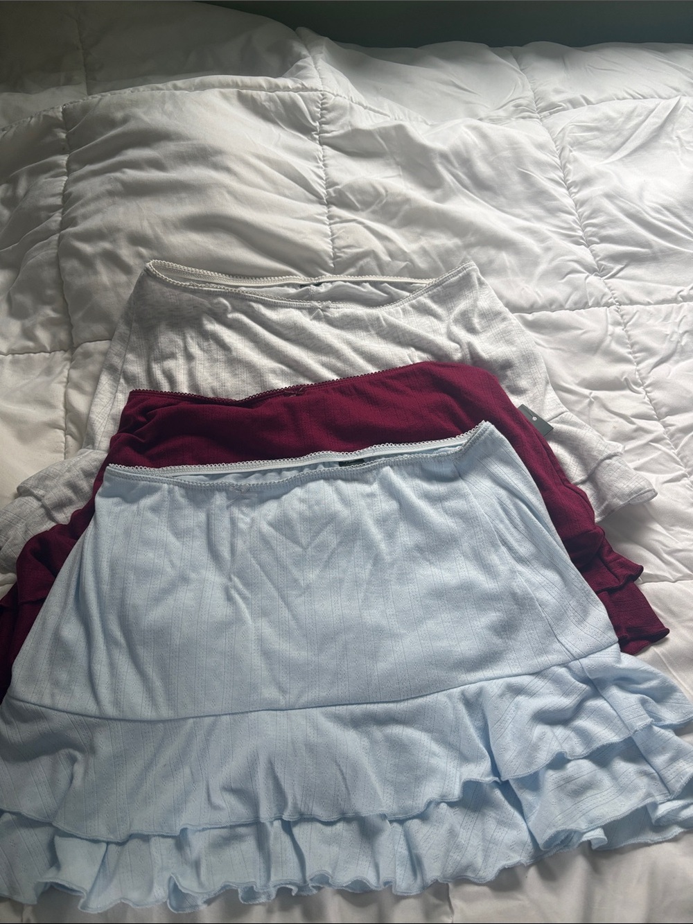 Tiered Ruffle Mini Skirts Trio - Light Blue, Burgundy, Cream